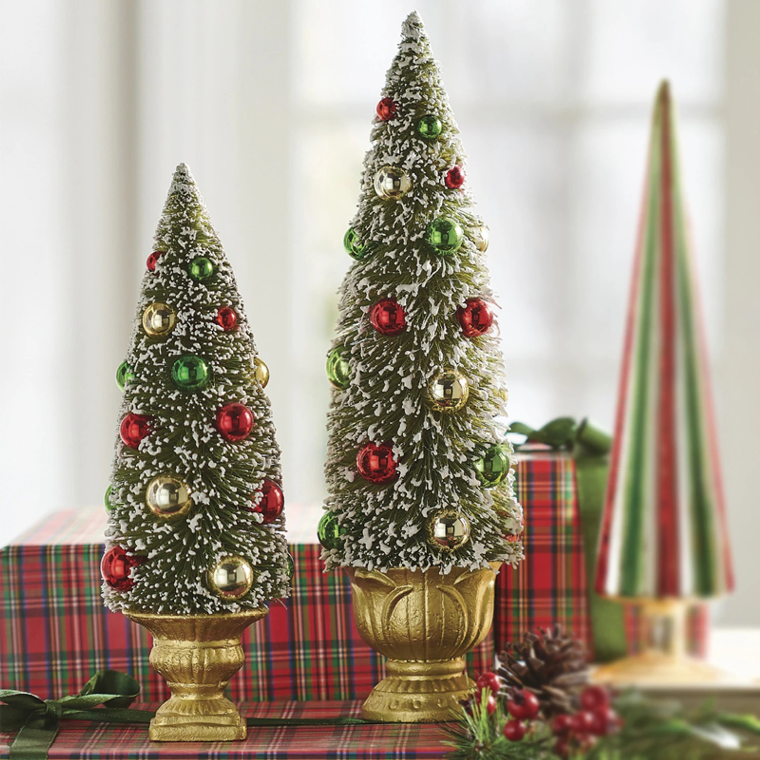 Raz Set Of 2 Green Bottle Brush Tree With Ornaments In Gold Urn 4215502 3 Raz Set Of 2 Green Bottle Brush Tree With Ornaments In Gold Urn 4215502
