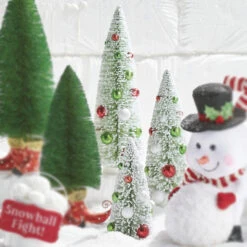 Raz Set Of 3 Frosted Bottle Brush Trees With Ornaments Christmas Decoration 4215566
