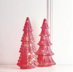 Raz Set Of 2 Pink Textured Glass Lighted Christmas Tree Decoration 4220113