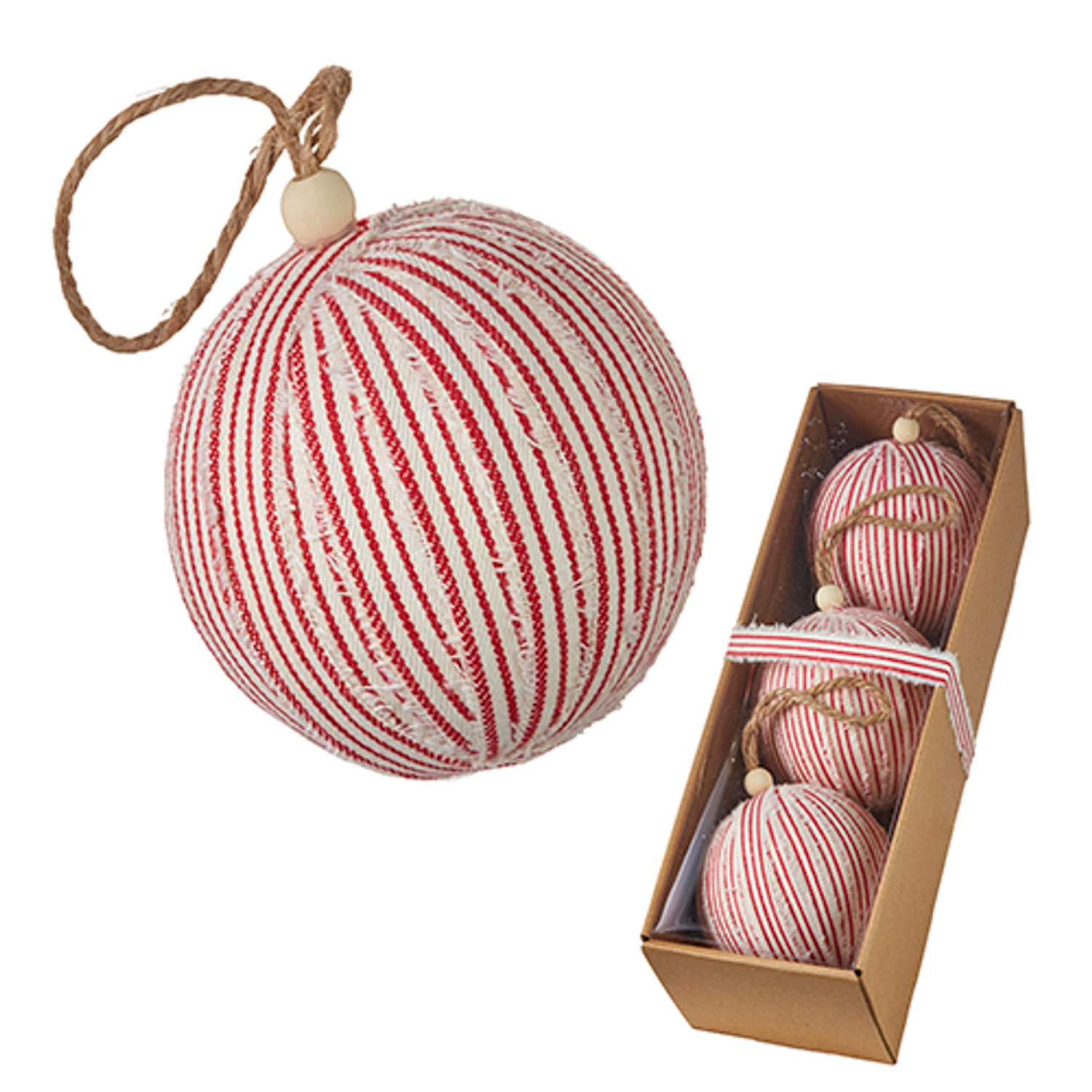 Raz Box Of 3 4" Red Ticking Stripe Christmas Ornaments 4220852 4 Raz Box Of 3 4" Red Ticking Stripe Christmas Ornaments 4220852 - Image 2