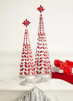 Raz Red Jeweled Tree With Silver Glitter Set Of 2 4313507