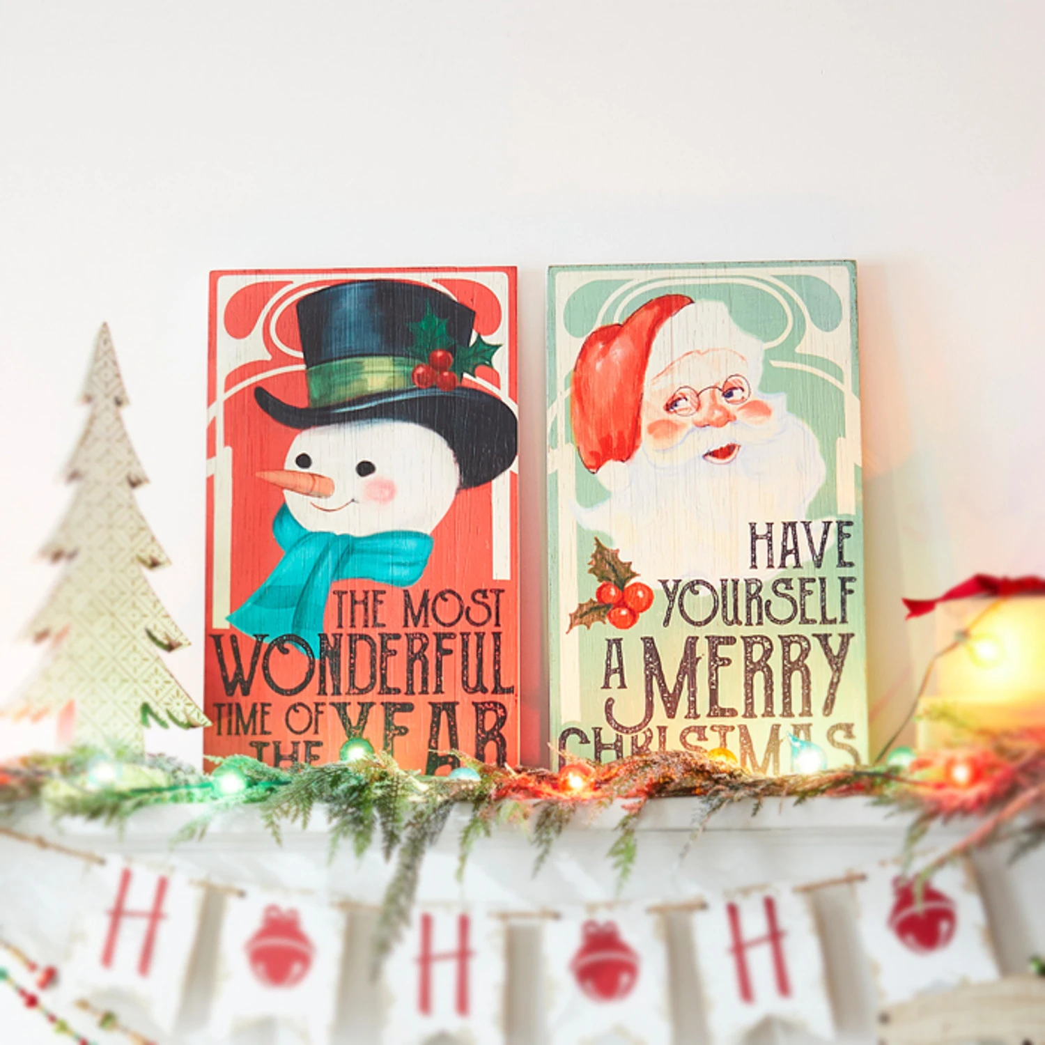 Raz Set Of 2 28" Vintage Christmas Snowman And Santa Wood Wall Art Signs 4328035 3 Raz Set Of 2 28" Vintage Christmas Snowman And Santa Wood Wall Art Signs 4328035