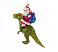 Kurt Adler 5.25" Noble Gems Santa On Dinosaur Glass Christmas Ornament NBX0064