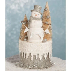 Bethany Lowe 8" Platinum Smiley Snowman On Box Christmas Decoration TL7825