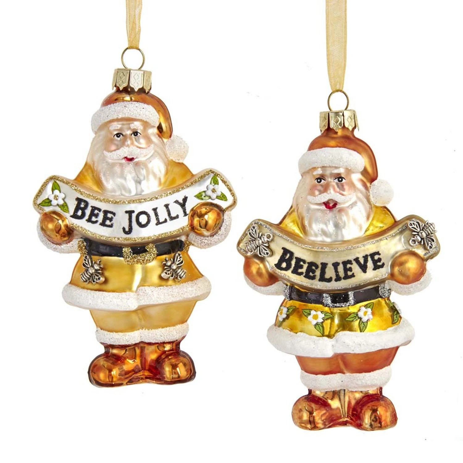 Kurt Adler 4.5" Gold And White Santa With Bee Banner Glass Christmas Ornament T2707 3 Kurt Adler 4.5" Gold And White Santa With Bee Banner Glass Christmas Ornament T2707