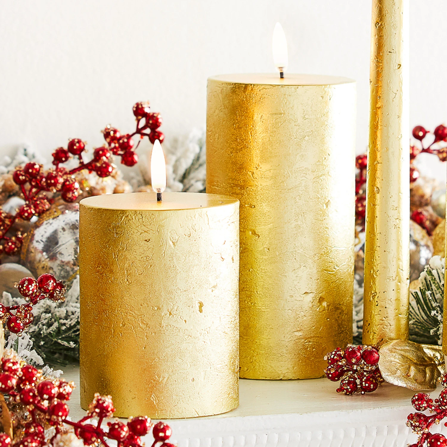 Uyuni 3" X 5" Or 7" Gold Texture Flat Top Flicker Flame Pillar Candle 3 Uyuni 3" X 5" Or 7" Gold Texture Flat Top Flicker Flame Pillar Candle