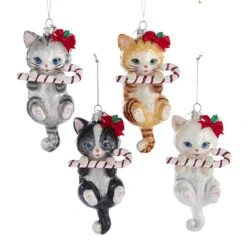 Kurt Adler 5" Noble Gems Cat With Candy Cane Glass Christmas Ornament NB1668