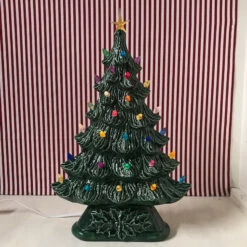 Large Flat Ceramic Lighted Window Or Mantel Christmas Tree 19"