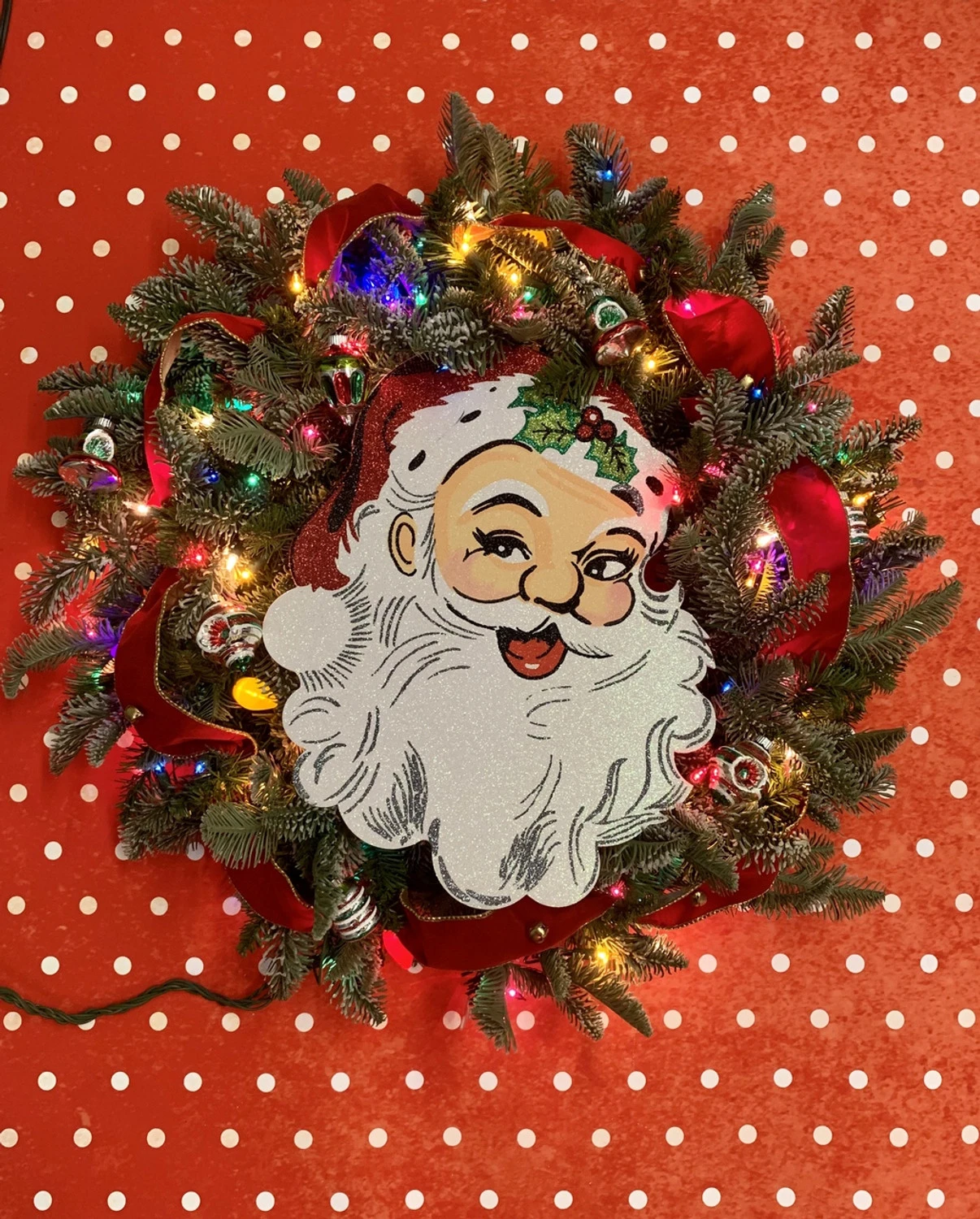 30" Handmade Vintage Inspired Santa Lighted Wreath W/ Shiny Brite Ornaments 3 30" Handmade Vintage Inspired Santa Lighted Wreath W/ Shiny Brite Ornaments