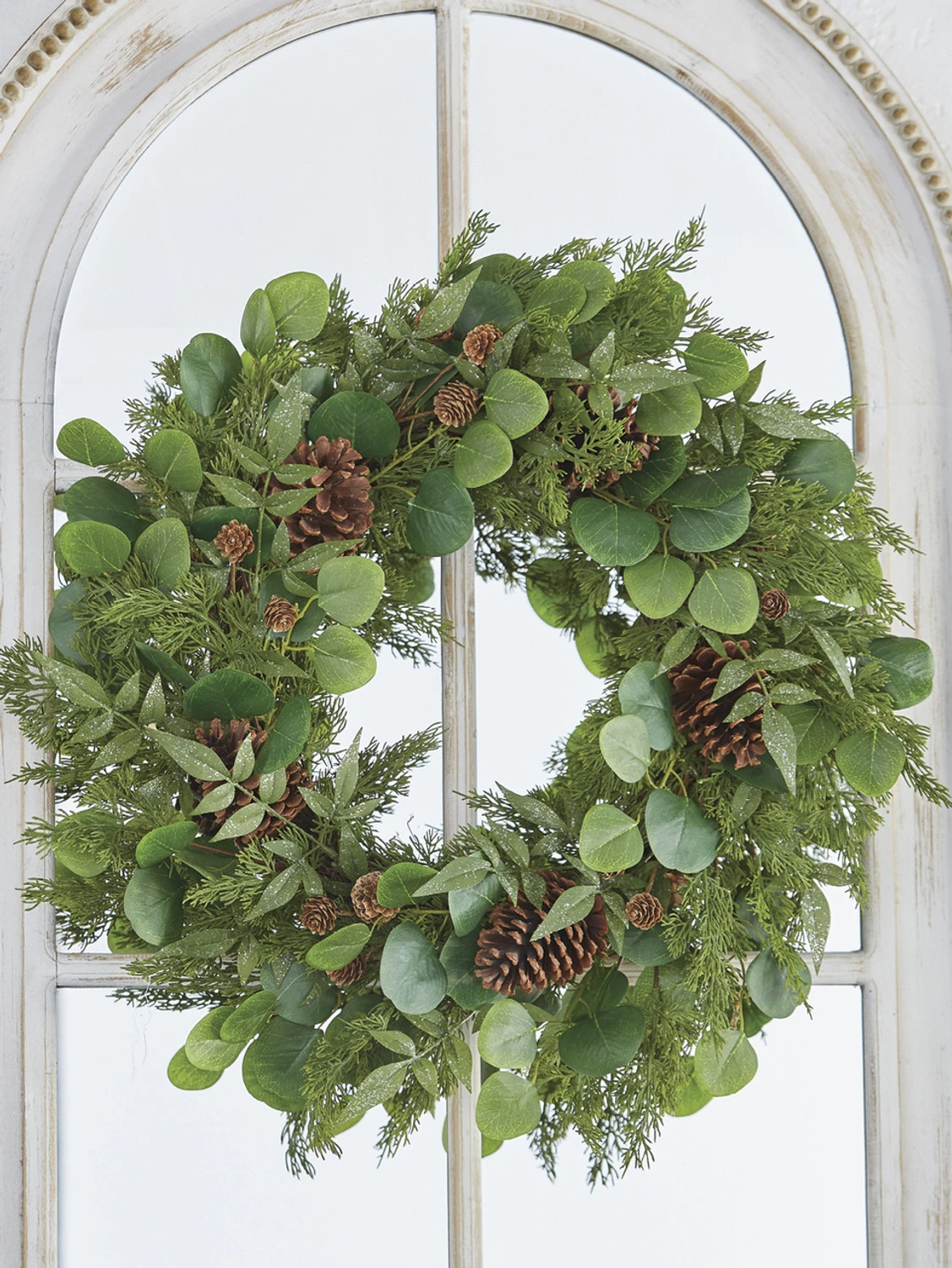Raz 27" Iced Mixed Greenery, Eucalyptus And Pinecone Christmas Wreath W4102617 3 Raz 27" Iced Mixed Greenery, Eucalyptus And Pinecone Christmas Wreath W4102617