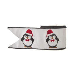 Raz 4" Penguin Embroidered Wired Christmas Ribbon R4171870