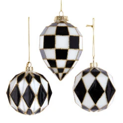 Kurt Adler Black And White Harlequin Ball And Finial Glass Christmas Ornament T3145